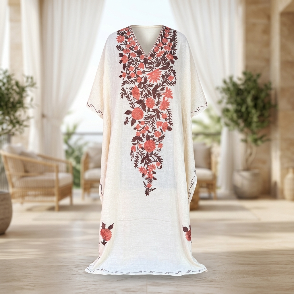 Ivory Coral Crush Kashmiri Long Kaftan for Women | Machine Embroidered