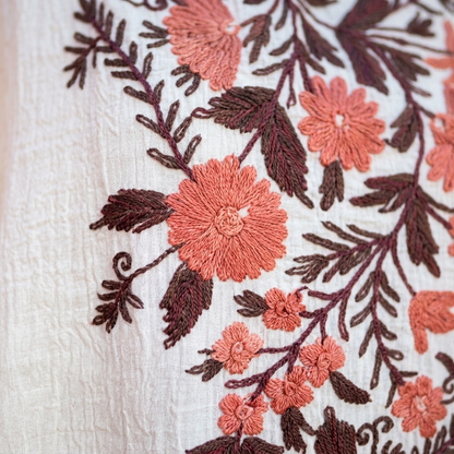 Ivory Coral Crush Kashmiri Long Kaftan for Women | Machine Embroidered