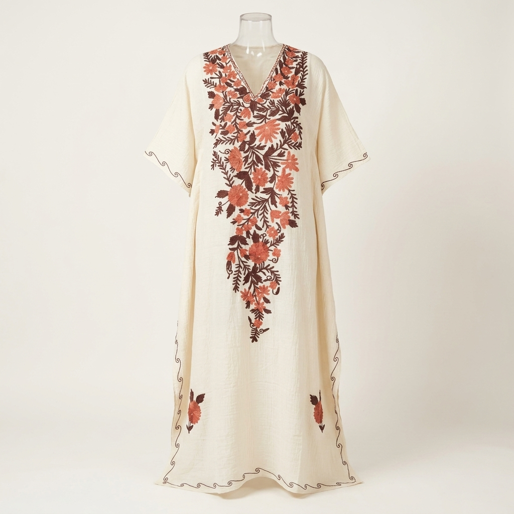 Ivory Coral Crush Kashmiri Long Kaftan for Women | Machine Embroidered