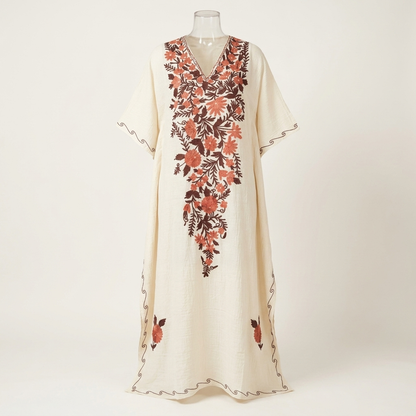 Ivory Coral Crush Kashmiri Long Kaftan for Women | Machine Embroidered