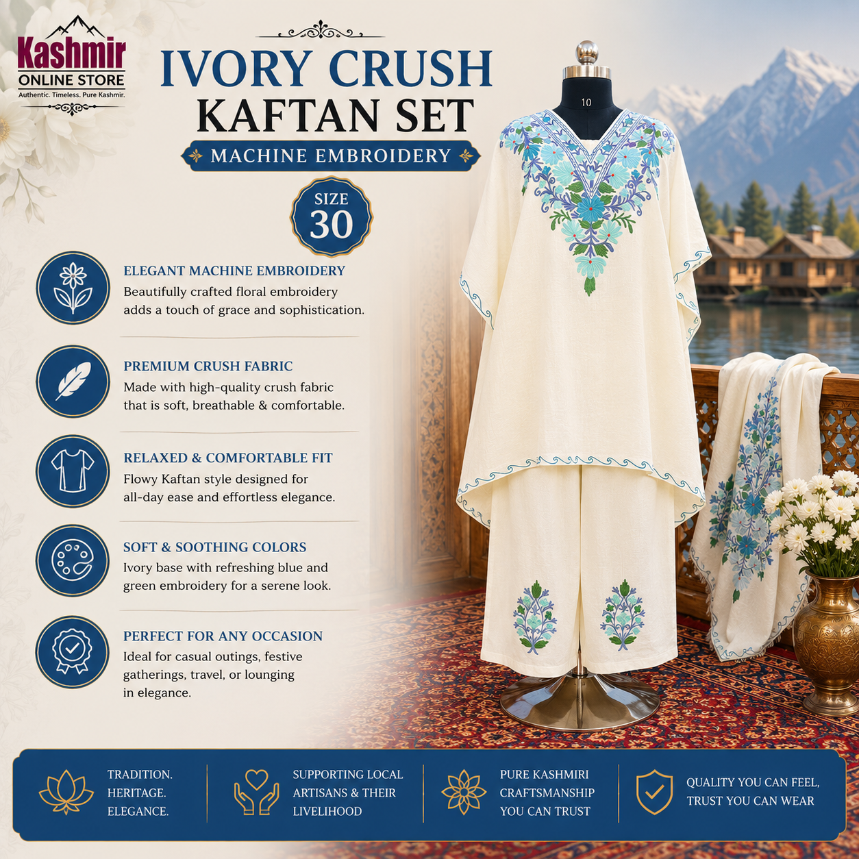 Ivory Crush Kashmiri Kaftan Set for Women | Machine Embroidered with Matching Bottom