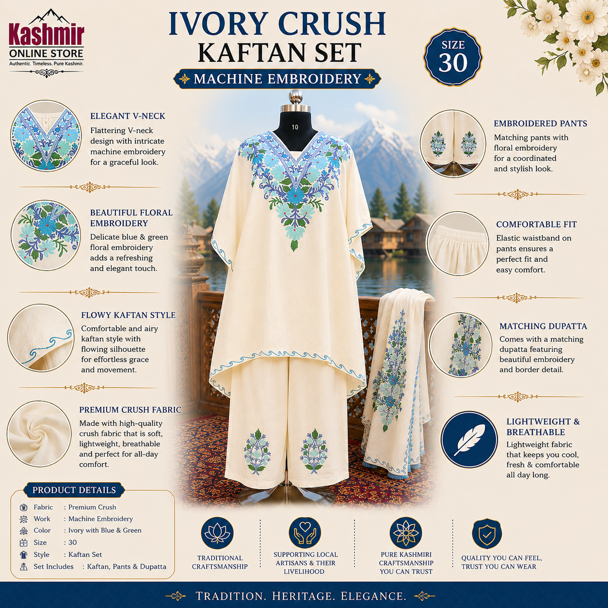 Ivory Crush Kashmiri Kaftan Set for Women | Machine Embroidered with Matching Bottom