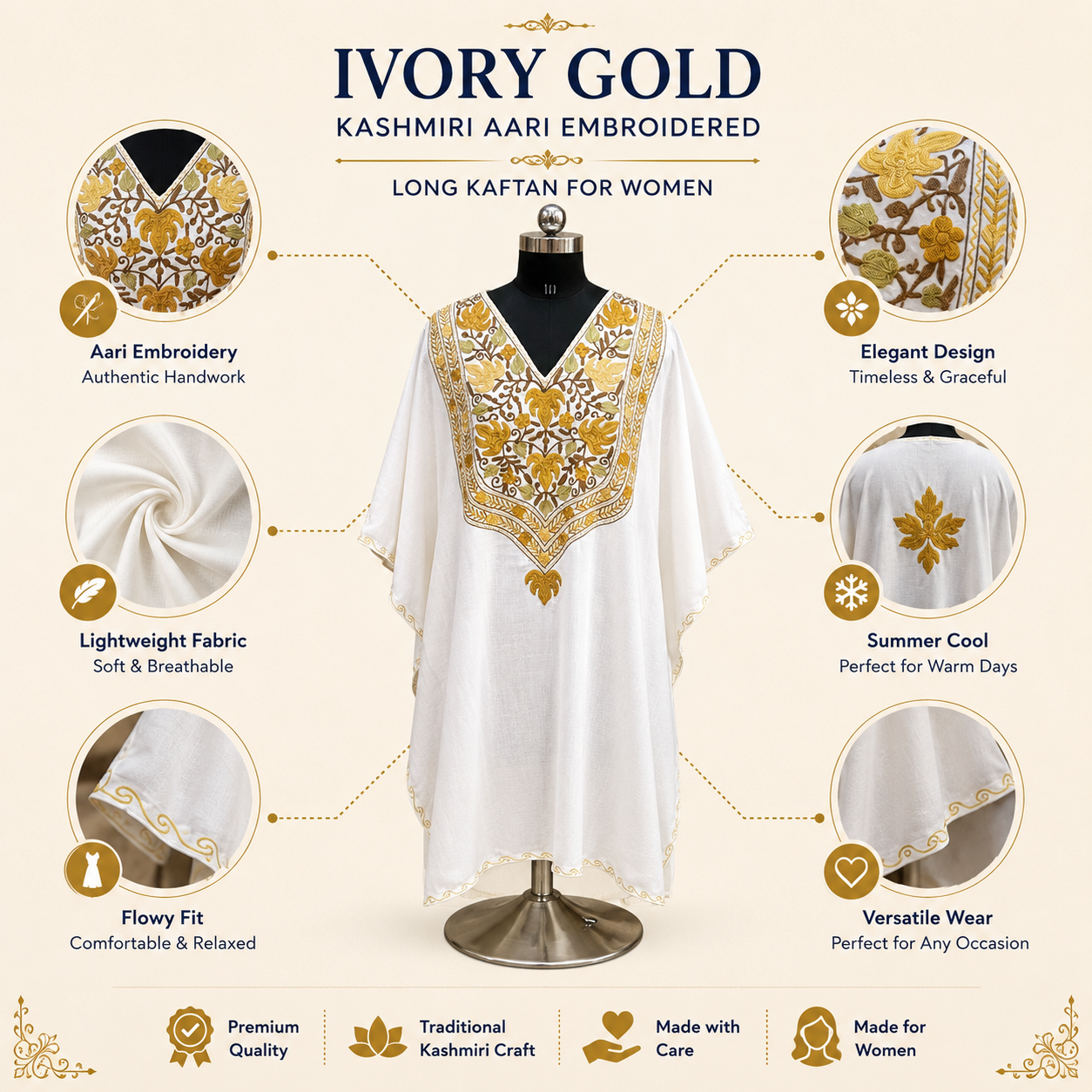 Ivory Gold Kashmiri Long Kaftan for Women | Machine Embroidered Summer Cool