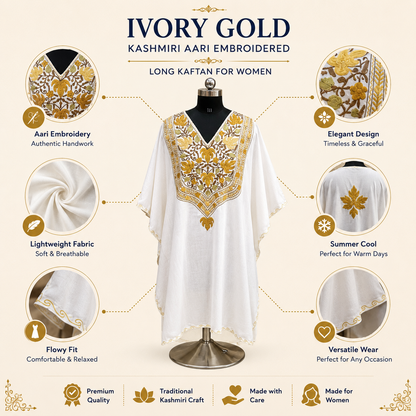 Ivory Gold Kashmiri Long Kaftan for Women | Machine Embroidered Summer Cool