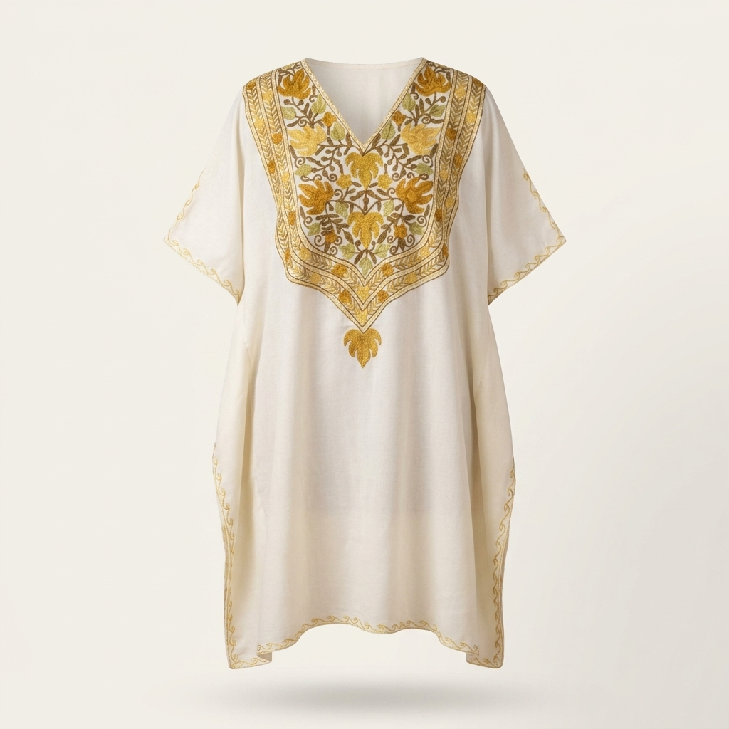Ivory Gold Kashmiri Long Kaftan for Women | Machine Embroidered Summer Cool