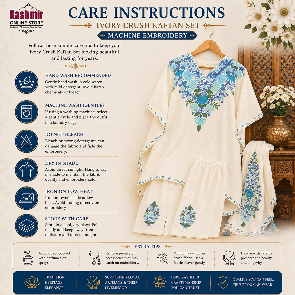 Ivory Crush Kashmiri Kaftan Set for Women | Machine Embroidered with Matching Bottom
