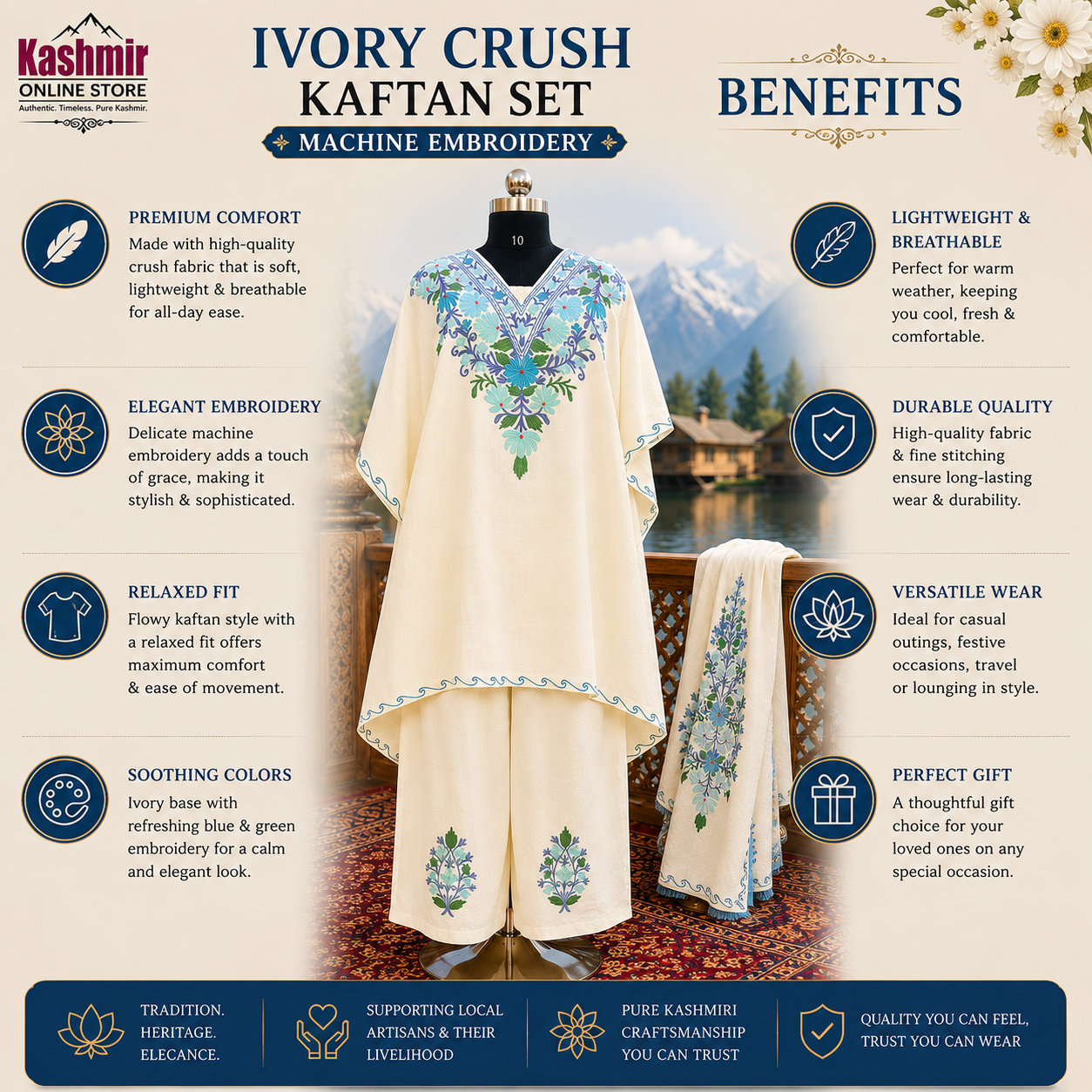 Ivory Crush Kashmiri Kaftan Set for Women | Machine Embroidered with Matching Bottom