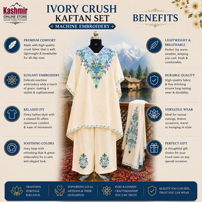 Ivory Crush Kashmiri Kaftan Set for Women | Machine Embroidered with Matching Bottom