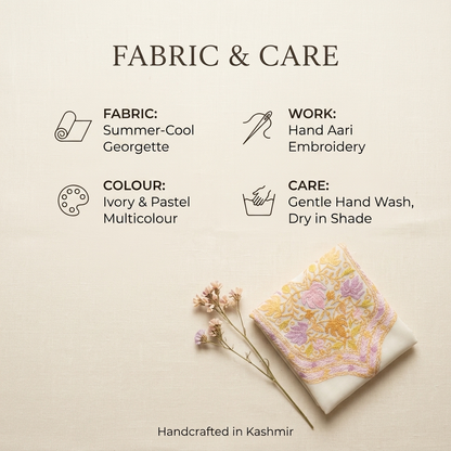 Ivory Pastel Kashmiri Long Kaftan for Women | Machine Embroidered Summer Cool