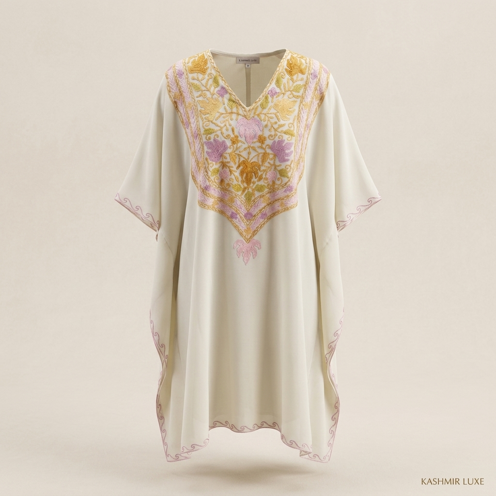 Ivory Pastel Kashmiri Long Kaftan for Women | Machine Embroidered Summer Cool
