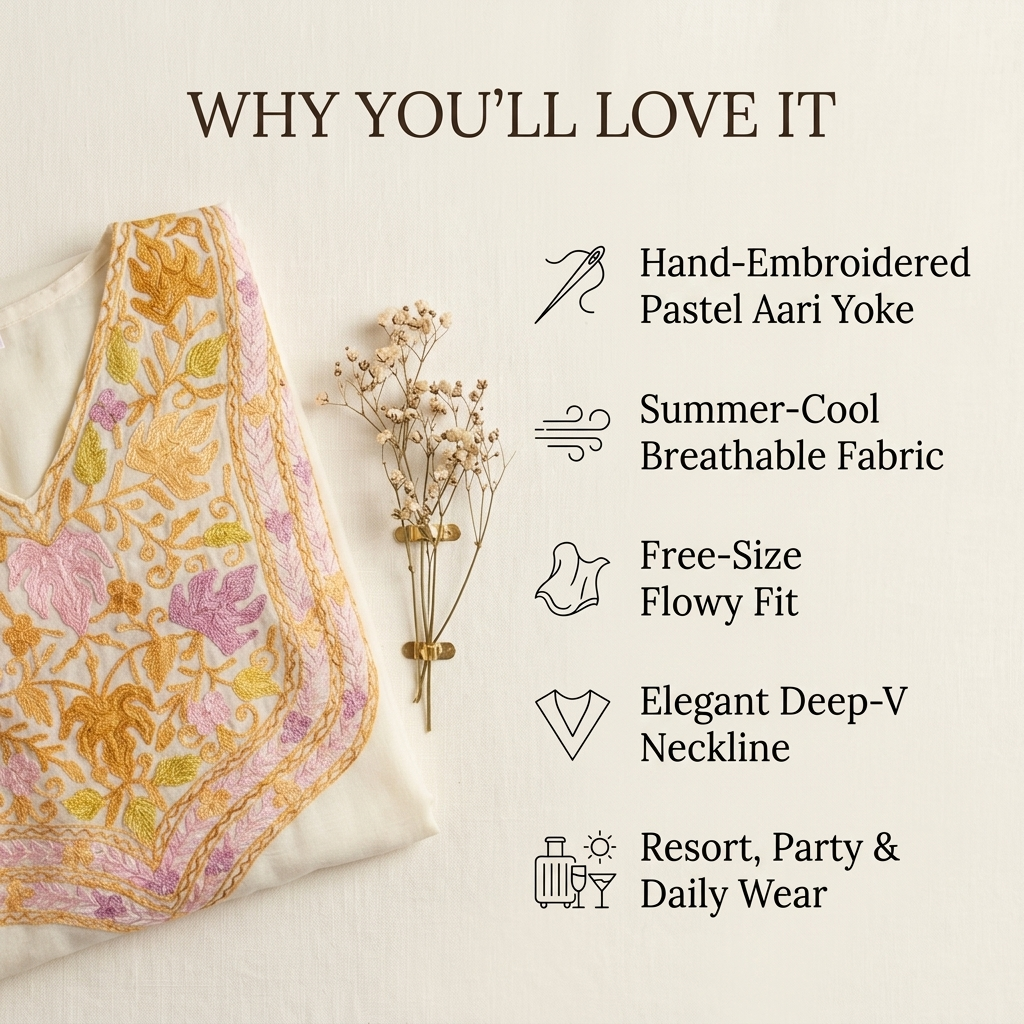 Ivory Pastel Kashmiri Long Kaftan for Women | Machine Embroidered Summer Cool