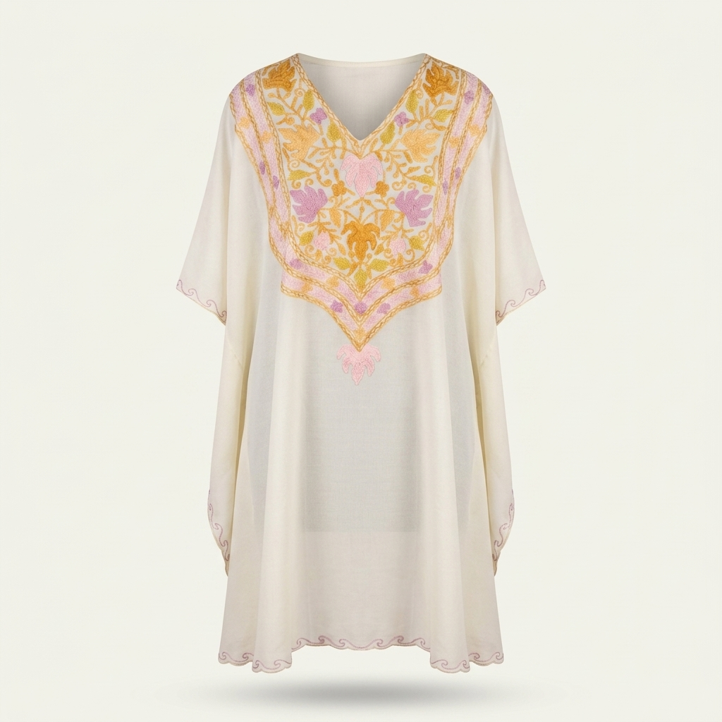 Ivory Pastel Kashmiri Long Kaftan for Women | Machine Embroidered Summer Cool