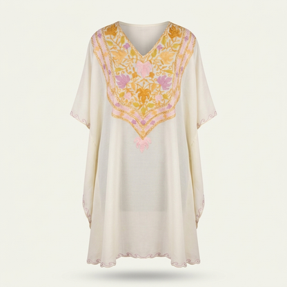 Ivory Pastel Kashmiri Long Kaftan for Women | Machine Embroidered Summer Cool