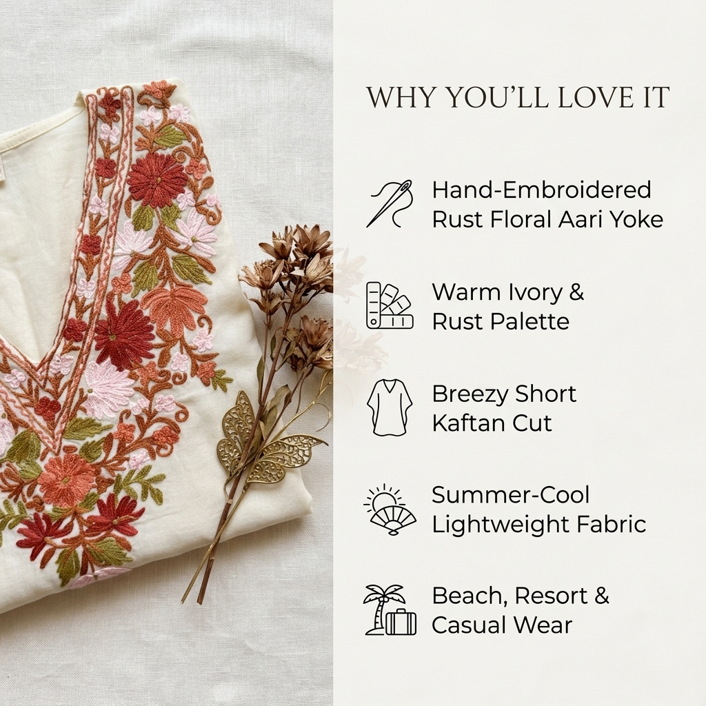 Ivory Rust Floral Kashmiri Short Kaftan for Women | Machine Embroidered Summer Cool