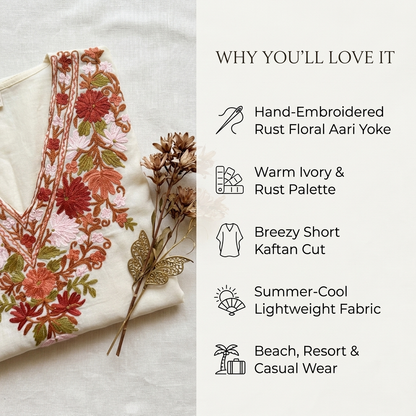 Ivory Rust Floral Kashmiri Short Kaftan for Women | Machine Embroidered Summer Cool