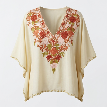 Ivory Rust Floral Kashmiri Short Kaftan for Women | Machine Embroidered Summer Cool