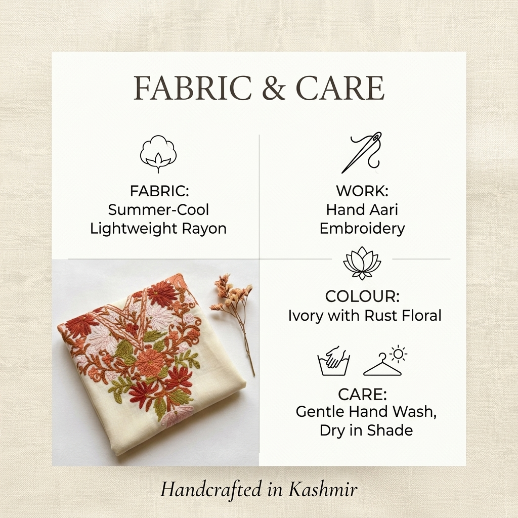 Ivory Rust Floral Kashmiri Short Kaftan for Women | Machine Embroidered Summer Cool