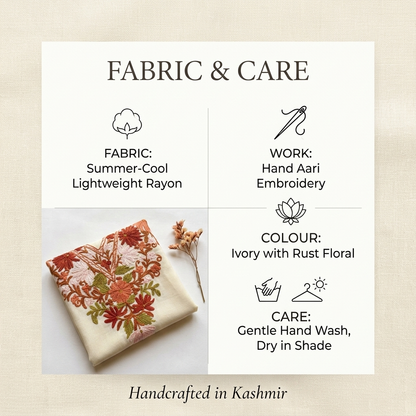 Ivory Rust Floral Kashmiri Short Kaftan for Women | Machine Embroidered Summer Cool
