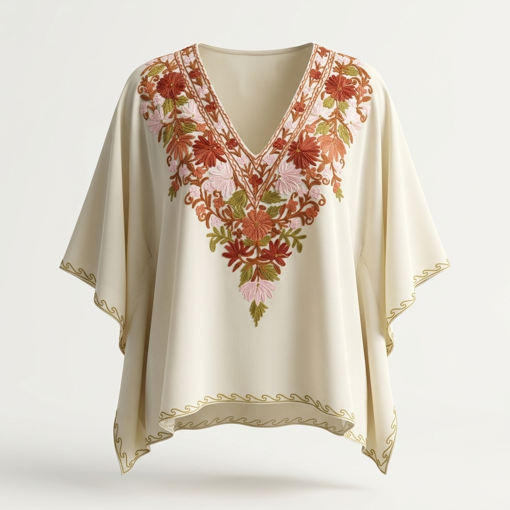 Ivory Rust Floral Kashmiri Short Kaftan for Women | Machine Embroidered Summer Cool