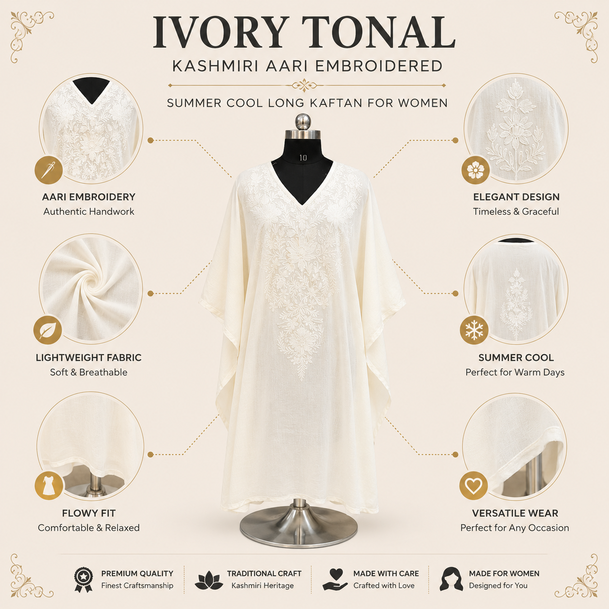 Ivory Tonal Kashmiri Long Kaftan for Women | Machine Embroidered Summer Cool
