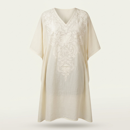 Ivory Tonal Kashmiri Long Kaftan for Women | Machine Embroidered Summer Cool