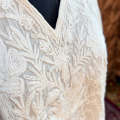 Ivory Tonal Kashmiri Long Kaftan for Women | Machine Embroidered Summer Cool