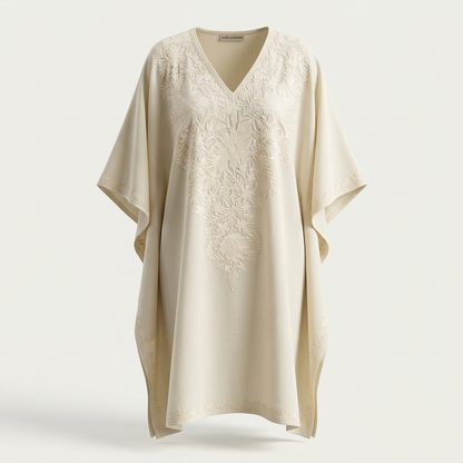 Ivory Tonal Kashmiri Long Kaftan for Women | Machine Embroidered Summer Cool