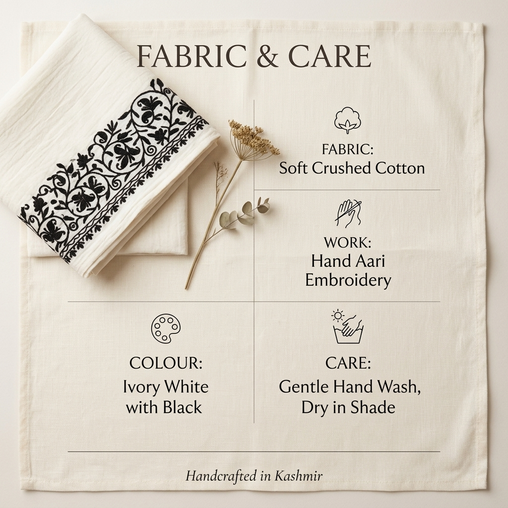 Ivory White Kashmiri Aari Long Kaftan | Machine-Embroidered Crushed Cotton Kaftan for Women