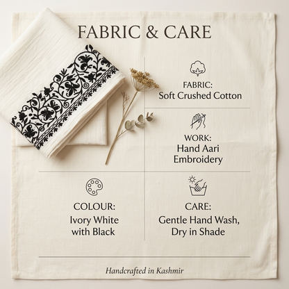 Ivory White Kashmiri Aari Long Kaftan | Machine-Embroidered Crushed Cotton Kaftan for Women