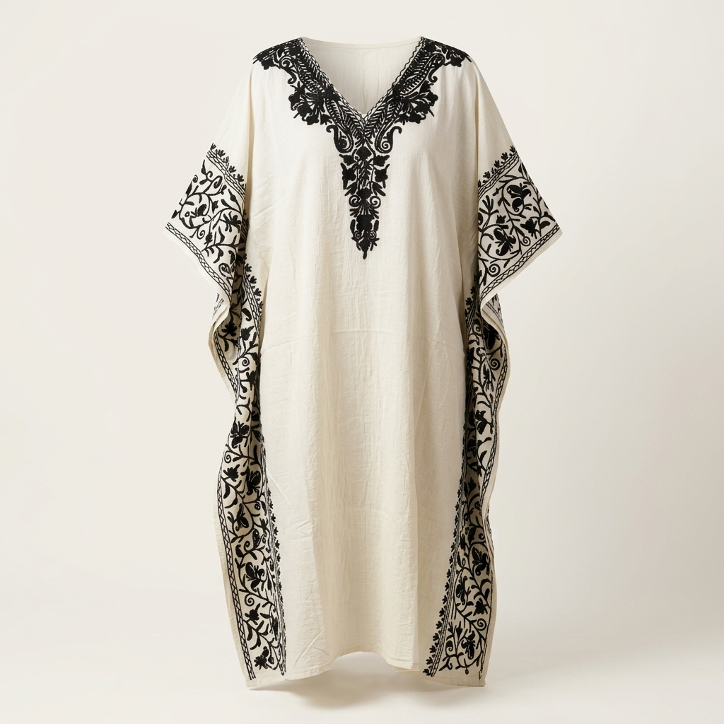 Ivory White Kashmiri Aari Long Kaftan | Machine-Embroidered Crushed Cotton Kaftan for Women