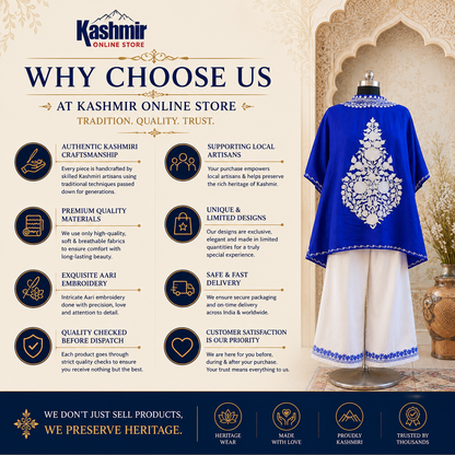 Blue Crush Kashmiri Kaftan Set for Women | Machine Embroidered with Matching Bottom