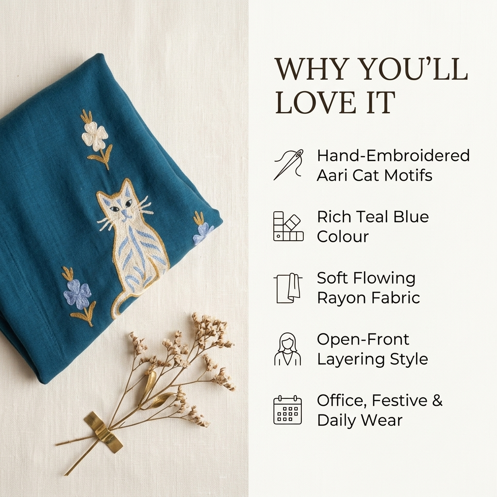 Teal Blue Kashmiri Aari Cat Design Short Shrug | Machine Embroidered Open-Front