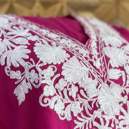 Berry Magenta Kashmiri Short Kaftan for Women | Machine Embroidered Summer Cool