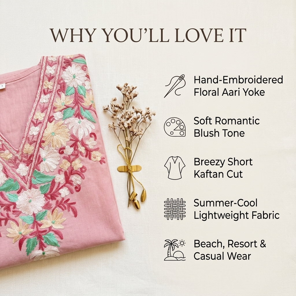 Blush Pink Kashmiri Short Kaftan for Women | Machine Embroidered Summer Cool