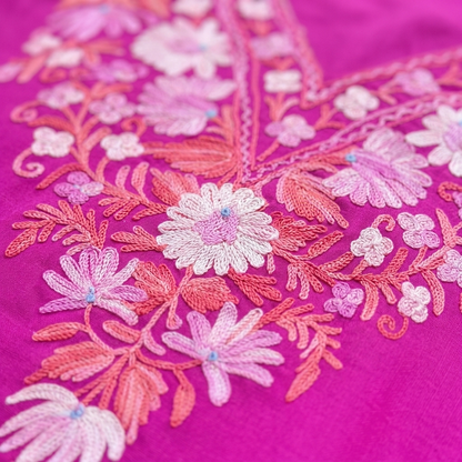 Fuchsia Pink Kashmiri Short Kaftan for Women | Machine Embroidered Summer Cool