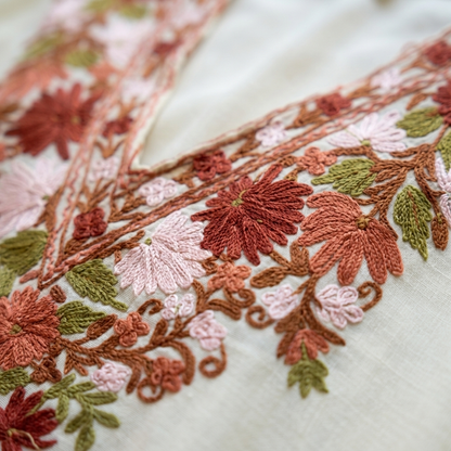 Ivory Rust Floral Kashmiri Short Kaftan for Women | Machine Embroidered Summer Cool