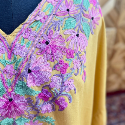 Mustard Gold Kashmiri Short Kaftan for Women | Machine Embroidered Summer Cool