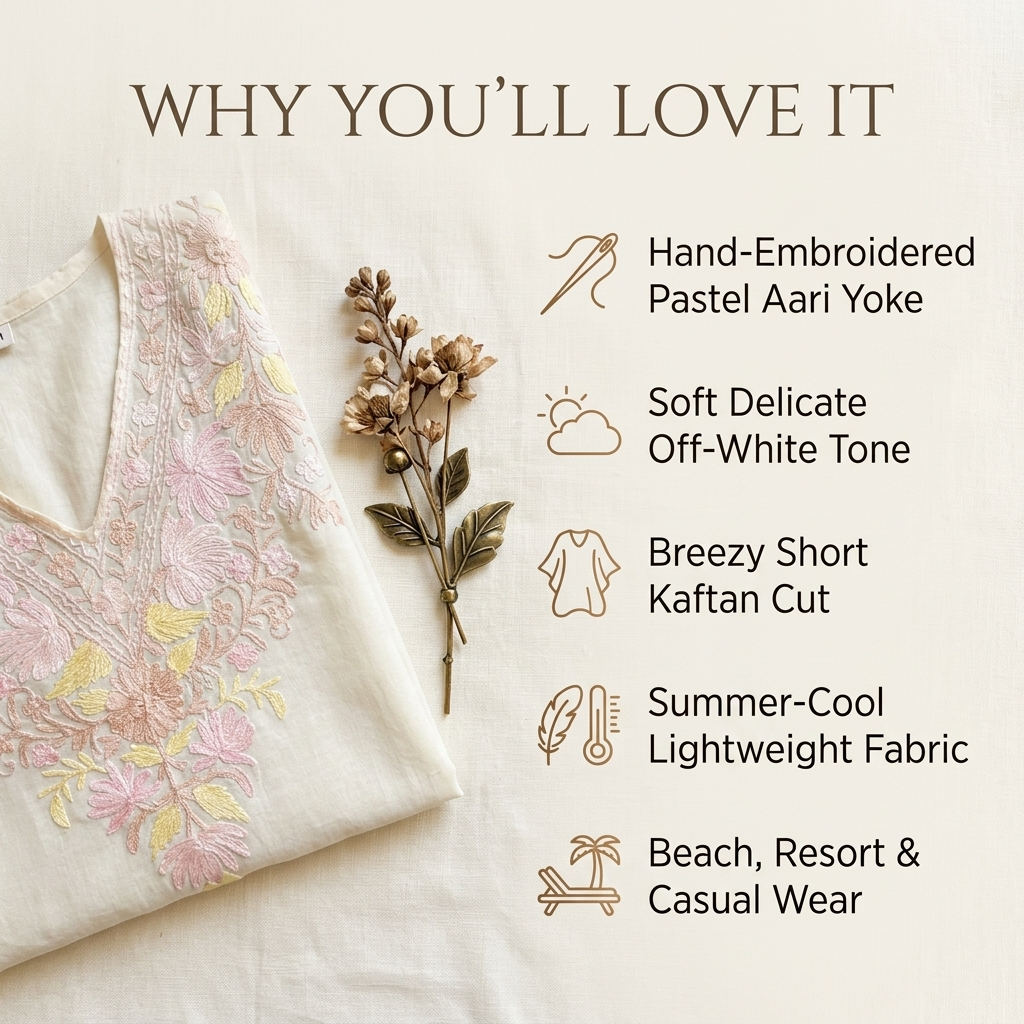 Off-White Pastel Floral Kashmiri Short Kaftan for Women | Machine Embroidered Summer Cool