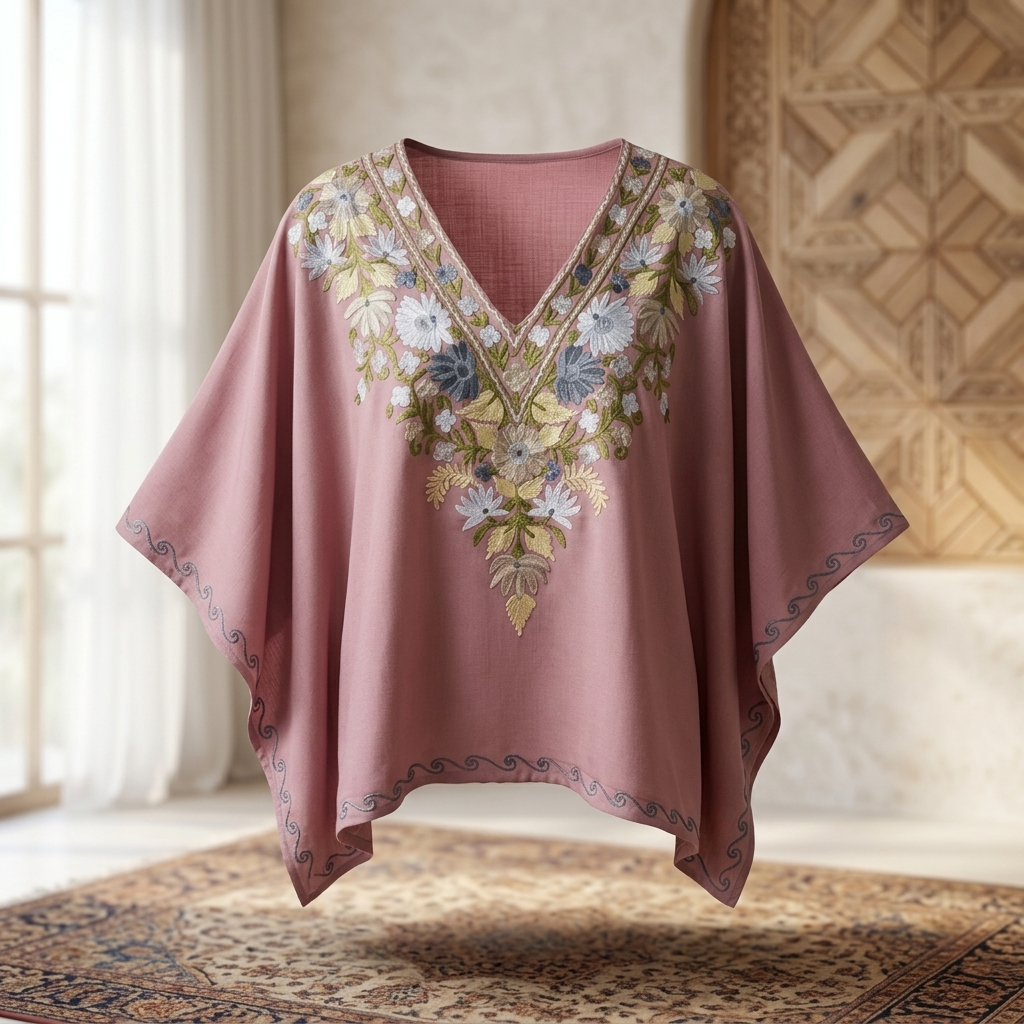 Dusty Rose Kashmiri Short Kaftan for Women | Machine Embroidered Summer Cool
