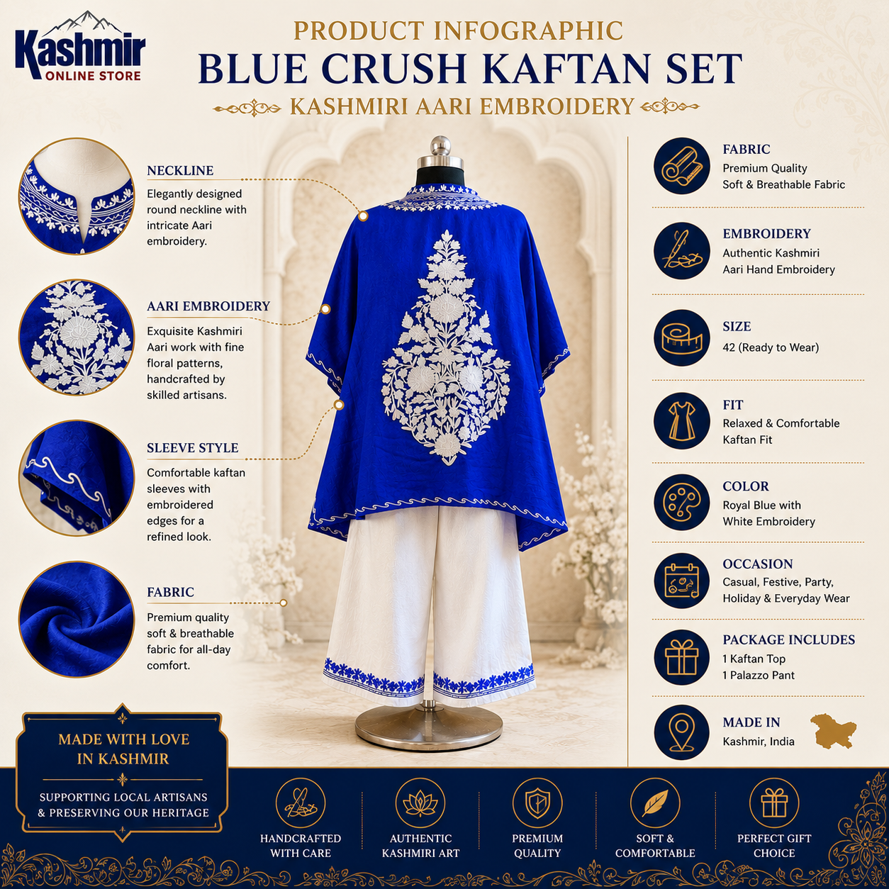 Blue Crush Kashmiri Kaftan Set for Women | Machine Embroidered with Matching Bottom