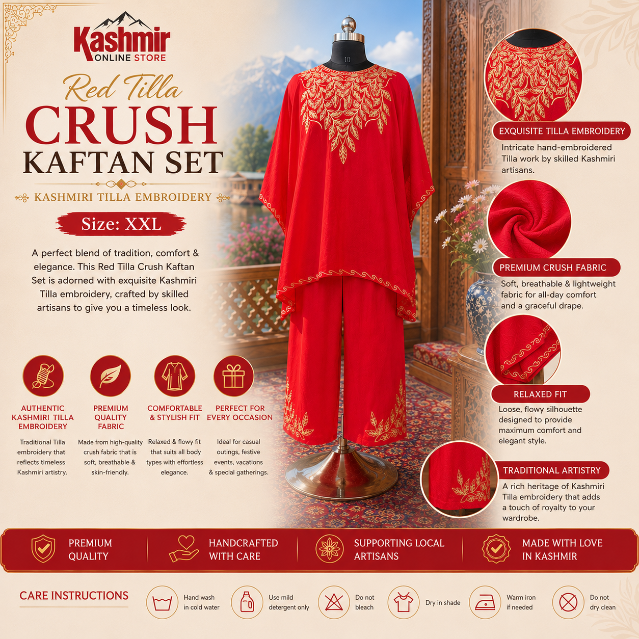 Red Tilla Crush Kashmiri Kaftan Set for Women | Machine Embroidered with Matching Bottom