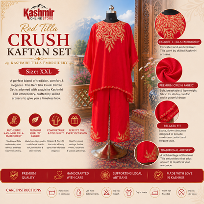 Red Tilla Crush Kashmiri Kaftan Set for Women | Machine Embroidered with Matching Bottom