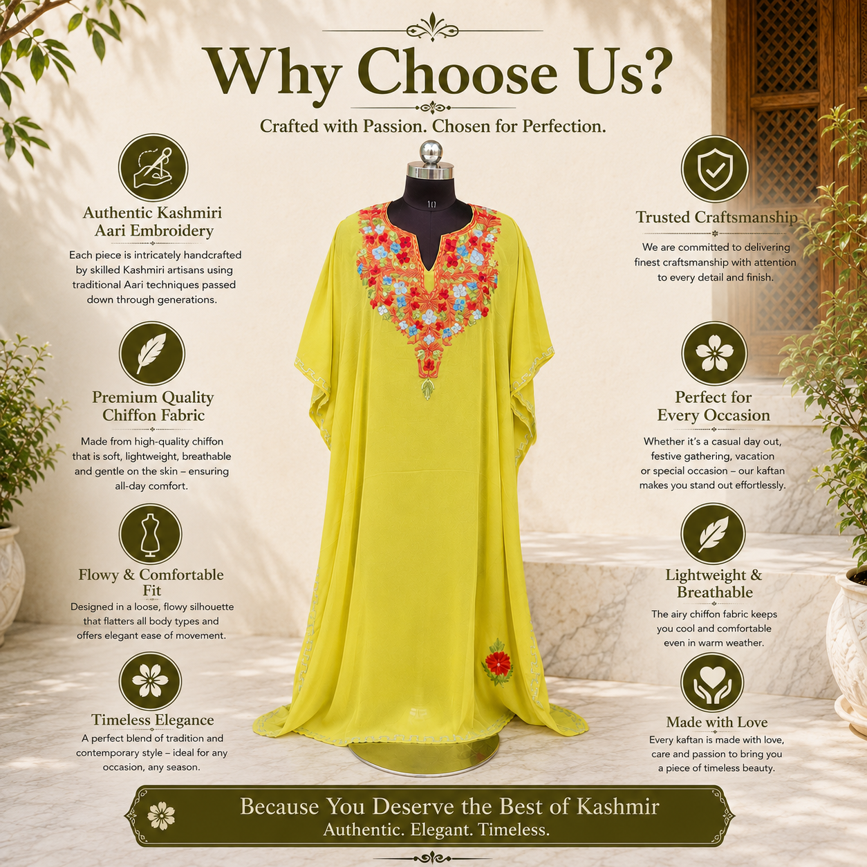 Lemon Lime Kashmiri Chiffon Long Kaftan for Women | Machine Embroidered