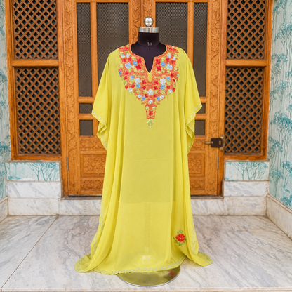 Lemon Lime Kashmiri Chiffon Long Kaftan for Women | Machine Embroidered