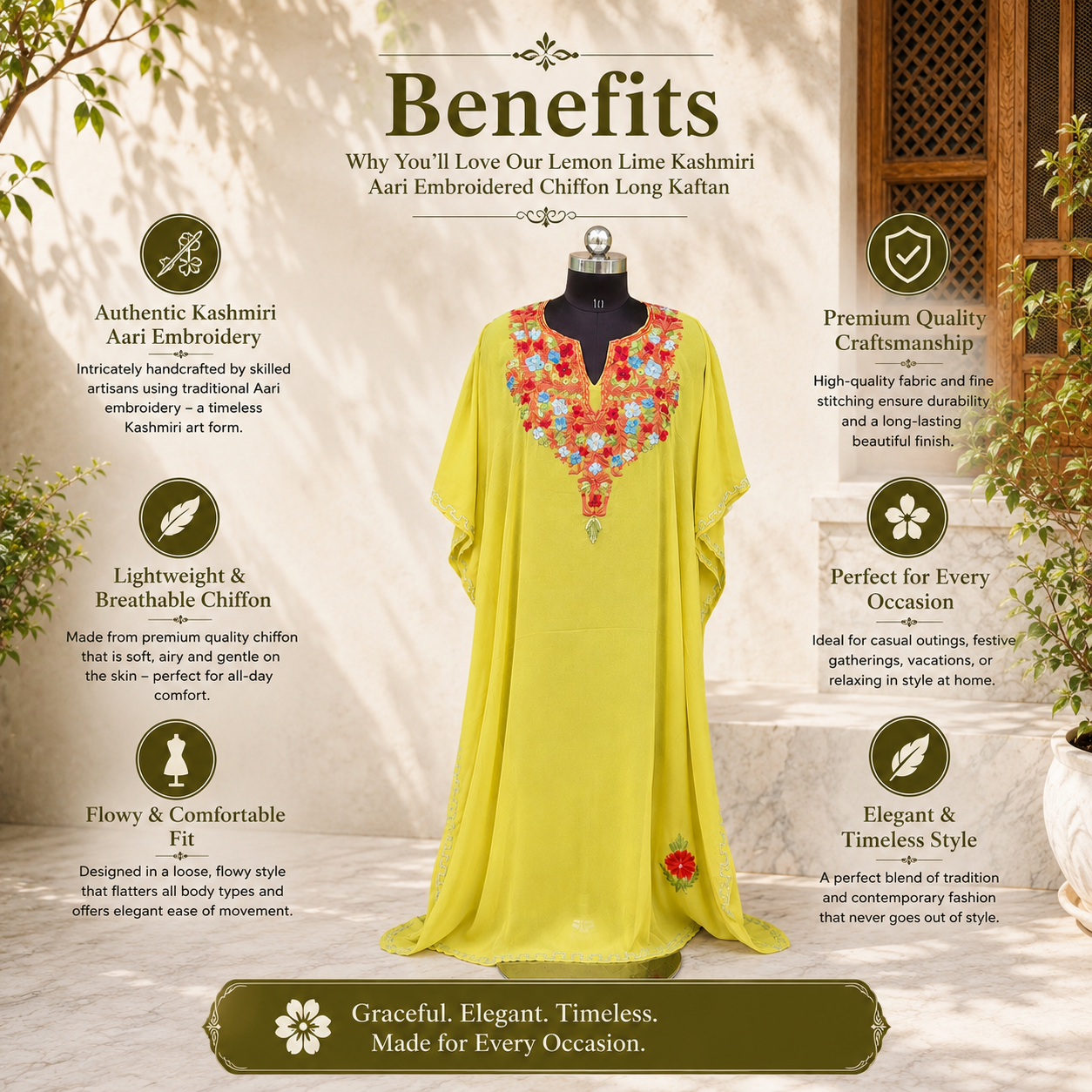 Lemon Lime Kashmiri Chiffon Long Kaftan for Women | Machine Embroidered