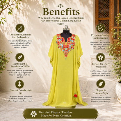 Lemon Lime Kashmiri Chiffon Long Kaftan for Women | Machine Embroidered