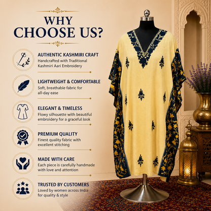 Butter Yellow Tie Dye Kashmiri Long Kaftan for Women | Machine Embroidered