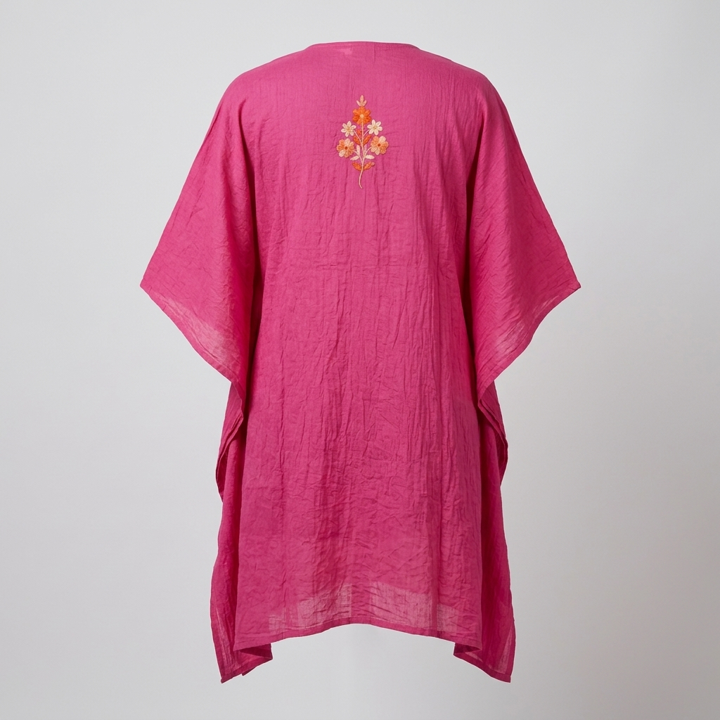 Fuchsia Pink Kashmiri Aari Long Kaftan Set | Machine-Embroidered Crushed Cotton Kaftan with Matching Trouser