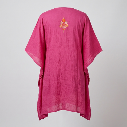 Fuchsia Pink Kashmiri Aari Long Kaftan Set | Machine-Embroidered Crushed Cotton Kaftan with Matching Trouser