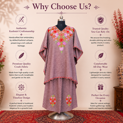 Mauve Crush Kashmiri Kaftan Set for Women | Machine Embroidered with Matching Bottom
